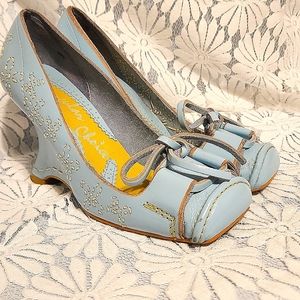 Irregular Choice Sz 8 1/2 blue leather w/yellow stitching wedge shoes